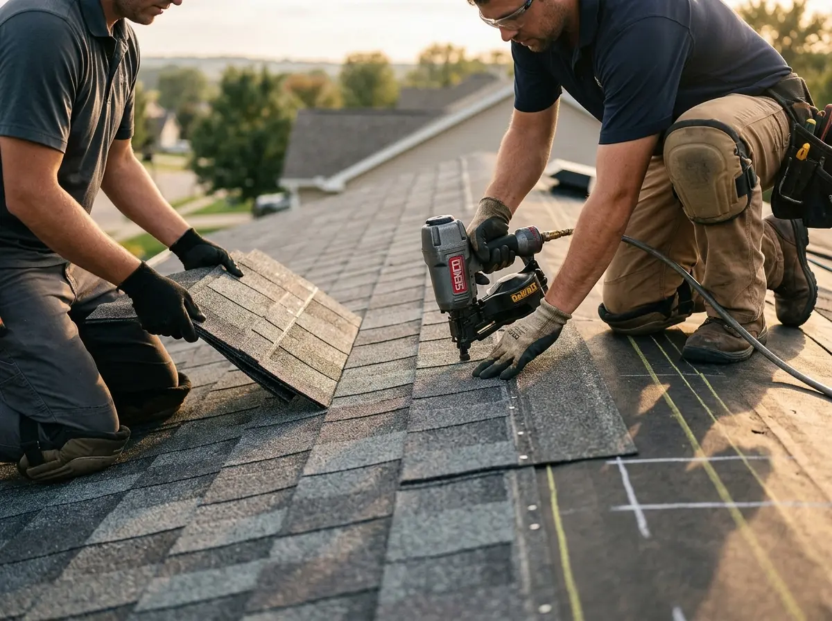 Professional roofer working on a residential roof in McKinleyville
